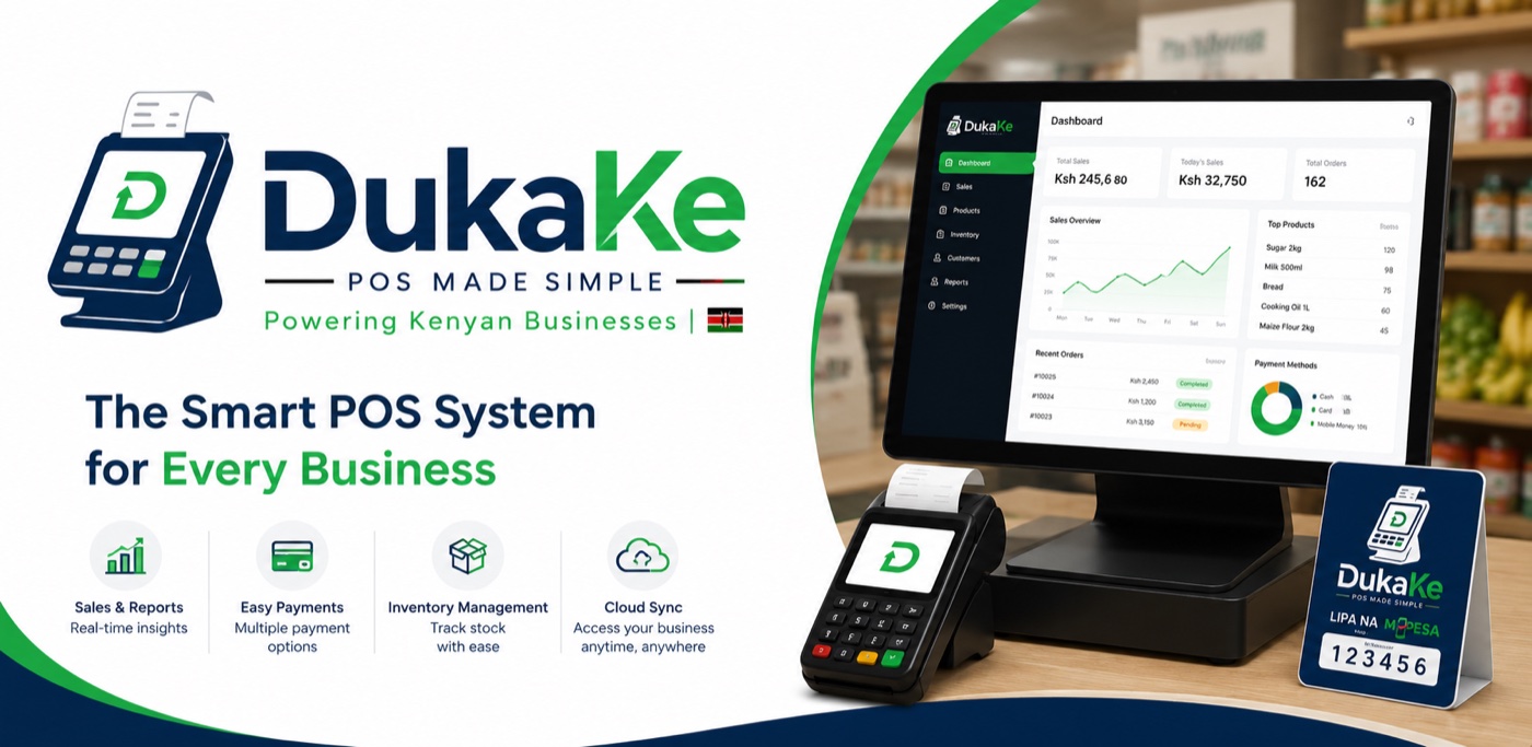 DukaKe POS dashboard and hardware showing sales overview, inventory, and mobile money payment features