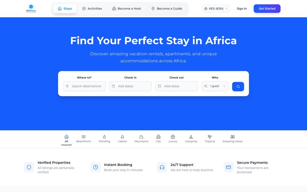AfriStays vacation rental booking platform homepage